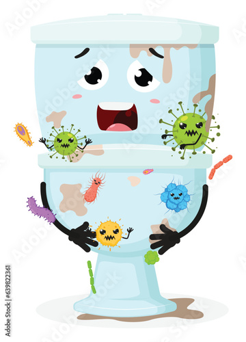 Dirty toilet bowl with angry bacteria cartoon characters, isolated on white background