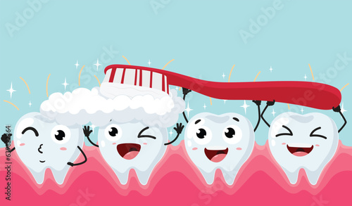 Happy dental tooth brushing cartoon characters, isolated on white background