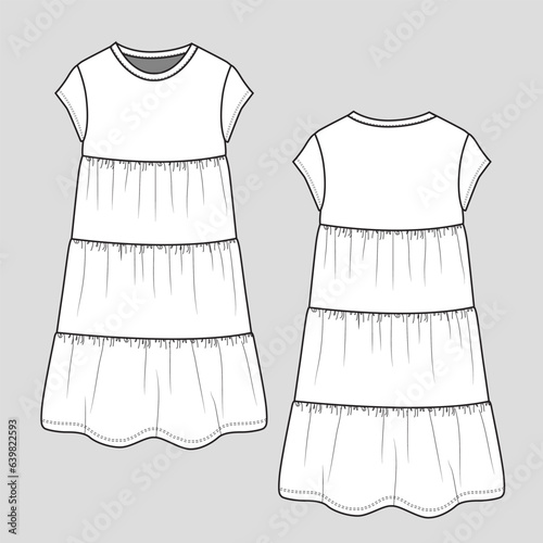 Fashion Ruffles Dress Crew Neck Cap Sleeve Fashion Dress  cad  flat sketch drawing template design vector