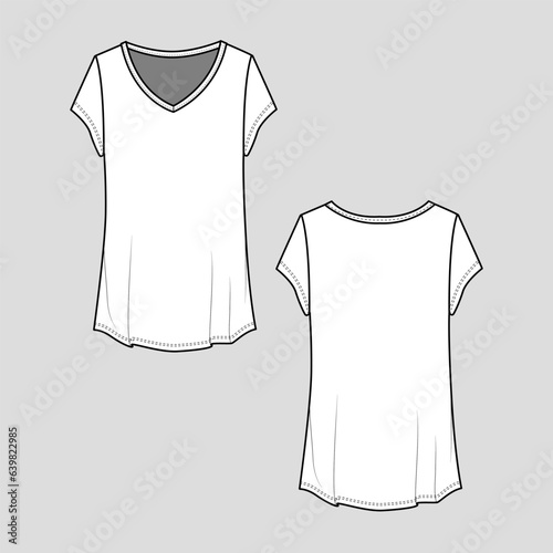 V Neck T shirt top Women Fashion cad mock up Flat sketch drawing template design vector