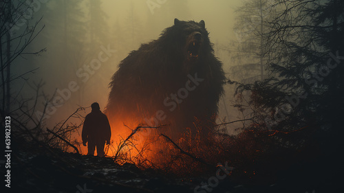 fighting fear silhouette psychology aggression stress monster concept therapy, horror in the forest werewolf