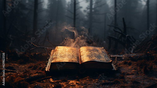 an open book of mystical fairy tales background in a foggy night forest the mystery of an old book photo