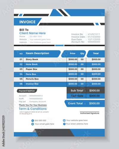 Invoice minimal design template. Bill form business invoice accounting