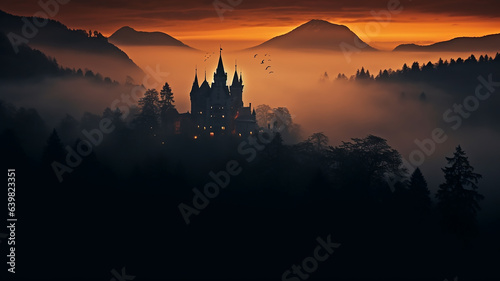 misty landscape in autumn mountains lighting, medieval princess castle glows in the night landscape among the clouds