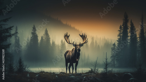 silhouette of a moose with big horns in autumn fog, wildlife landscape