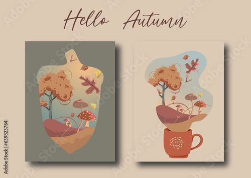 Cartes de voeux automne, glands, café, feuilles, champignon, vectoriel