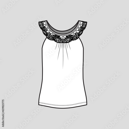 Women crochet lace top Fashion Sleeveless  Gathering Top t shirt Blouse Cad Flat Sketch technical drawing template design vector