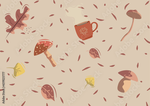 Backgroung, pattern, ambiance et couleurs d’automne, champignon, café, feuilles