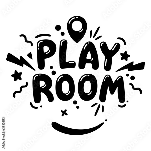 Play Room cartoon lettering for children's kids zone decoration. Cute hand drawn lettering design for banner, poster and signboard. Vector illustration