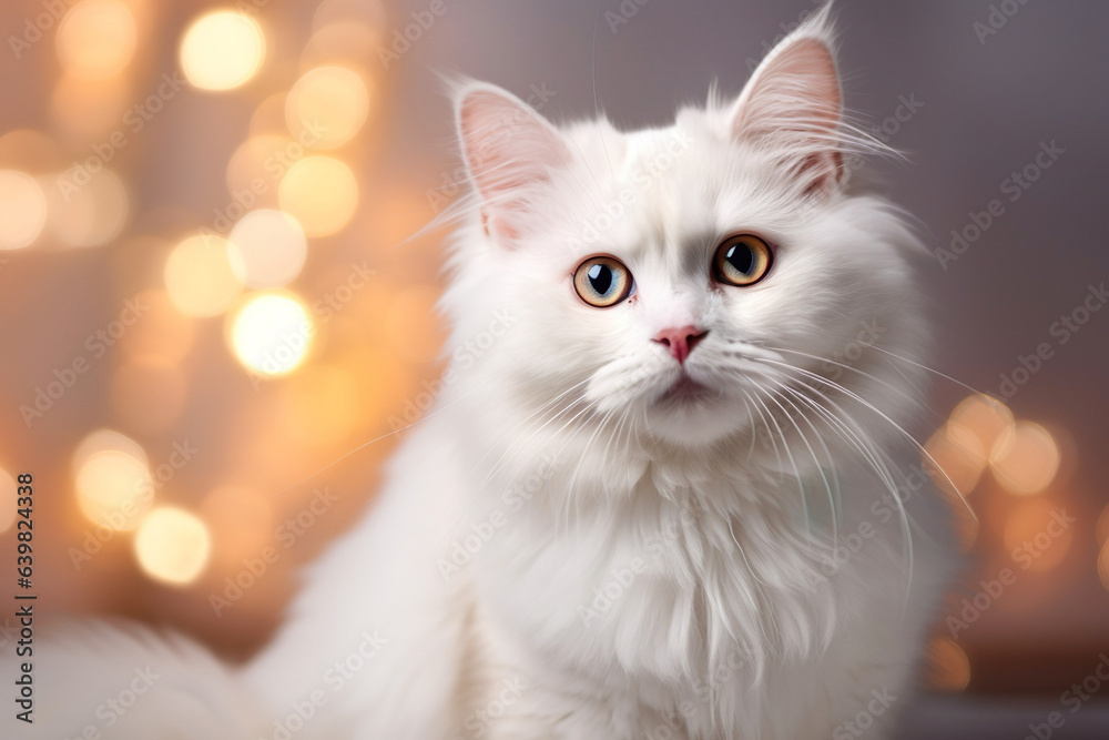 A festive white fluffy cat portrait adds a touch of magic to the winter season. 