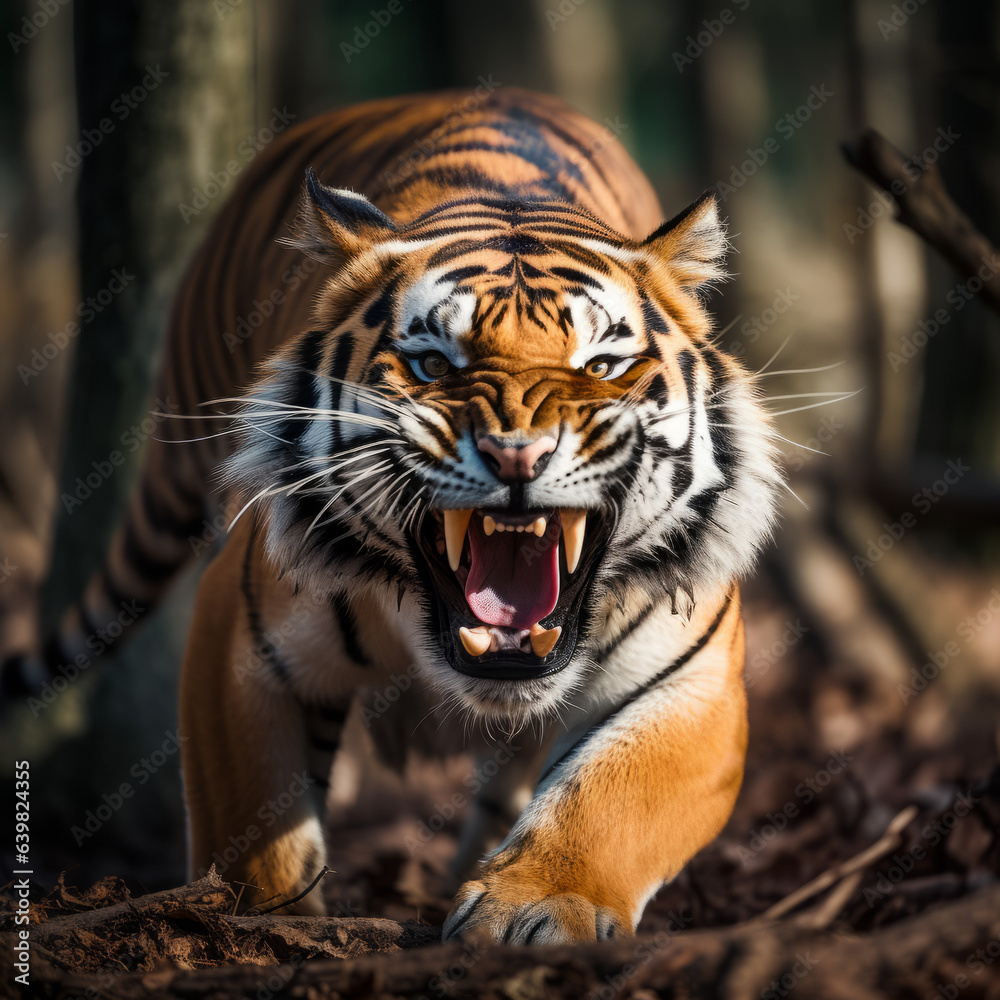 Obraz premium Close up of an angry tiger roaring towards the camera