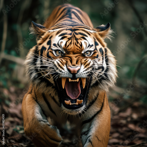 Close up of an angry tiger roaring towards the camera