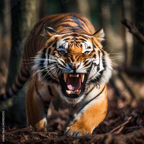 Close up of an angry tiger roaring towards the camera