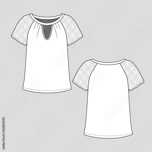 Women Lace top Fashion lace sleeve  keyhole neck t shirt top blouse short sleeve cad mock up Flat Sketch technical drawing template design vector