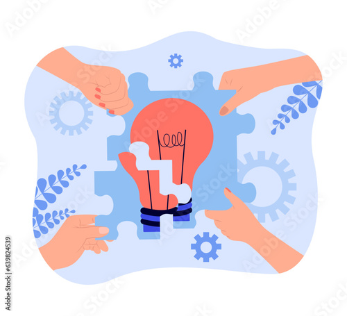 Hands solving lightbulb puzzle vector illustration. People working together in team, sharing ideas, helping and supporting each other at work. Teamwork, collaboration, business concept