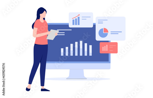 Woman with charts and data - Illustration of female person working on statistics and diagrams on computer. Business analytics concept, flat design vector with white background