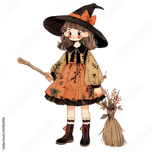 Watercolor Vintage Illustration Cute Little Girl Witch and magic broom Halloween.