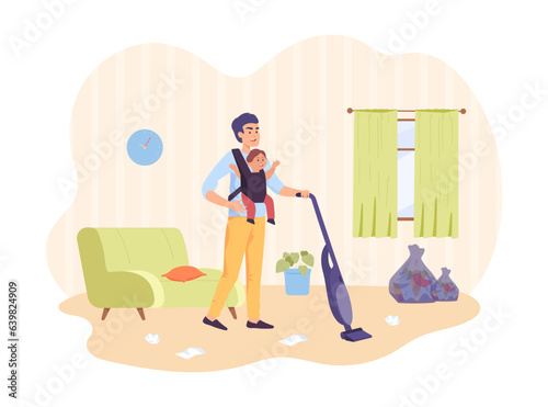 Happy father with newborn baby carrier vacuuming at home. Cartoon man cleaning house while carrying child vector illustration. Fatherhood, parenting, household concept