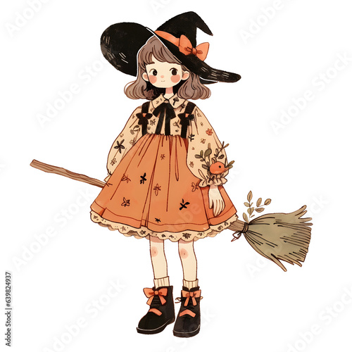 Watercolor Vintage Illustration Cute Little Girl Witch and magic broom Halloween.