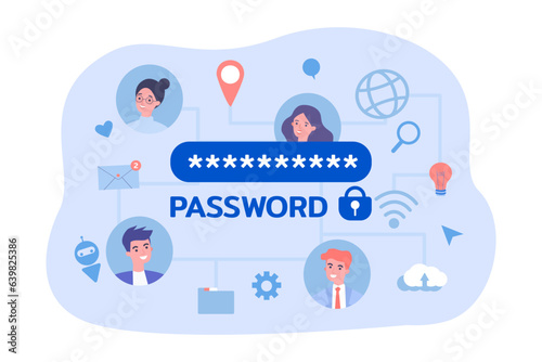 Password protecting social media data vector illustration. Cartoon drawing of faces of users, protection of personal information. Social media, privacy, protection, network concept