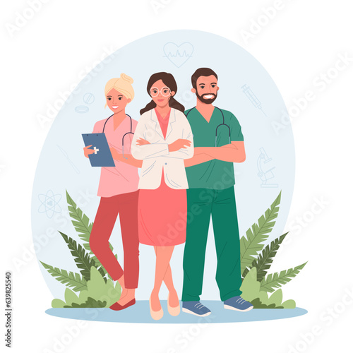 Hospital administrator standing with doctors vector illustration. Cartoon drawing of medical staff team in uniform standing together. Medicine, healthcare, profession concept