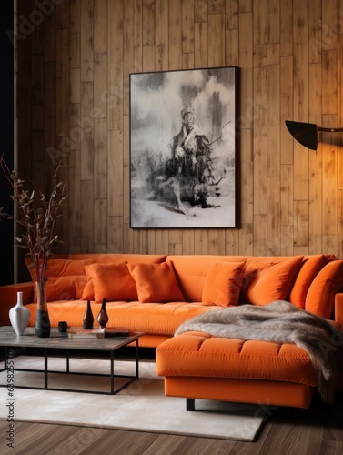  Rustic orange velvet sofa near wooden paneling wall. Interior design of modern living room