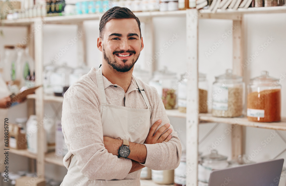 Supermarket, grocery store and portrait of man with crossed arms for service in organic startup. Small business, sustainable shop and manager smile for groceries, vegan products and natural food Supermarket, grocery store and portrait of man with crossed arms for service in organic startup. Small business, sustainable shop and manager smile for groceries, vegan products and natural food