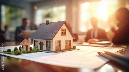 Model of a house on a table with estate agent and clients in the blurred background