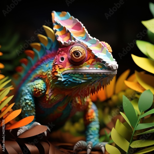 A lively chameleon, its rainbow-colored origami body blending seamlessly with a vibrant paper jungle
