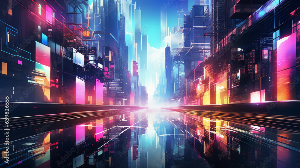 abstract geometric shapes, futuristic cityscape, vividly colored, neon lights, mirrored reflections, cyberpunk aesthetics
