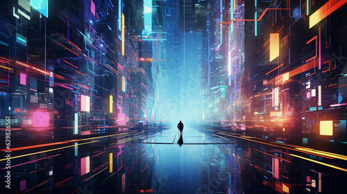 abstract geometric shapes, futuristic cityscape, vividly colored, neon lights, mirrored reflections, cyberpunk aesthetics