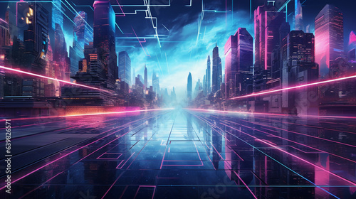 abstract geometric shapes  futuristic cityscape  vividly colored  neon lights  mirrored reflections  cyberpunk aesthetics