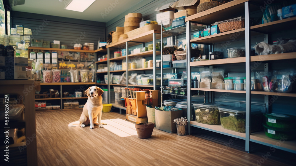 A pet store interior filled with various pet care products and accessories on wooden shelves