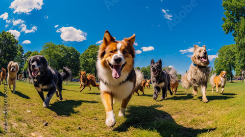 A lively and colorful image of a dog park on a sunny day, with dogs of various breeds playing and running freely. Wide angle