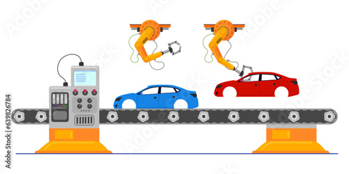 Robotic arms carrying automobile parts vector illustration. Assembly line robots and industrial automation equipment for car production at factory. Robotics, manufacturing concept