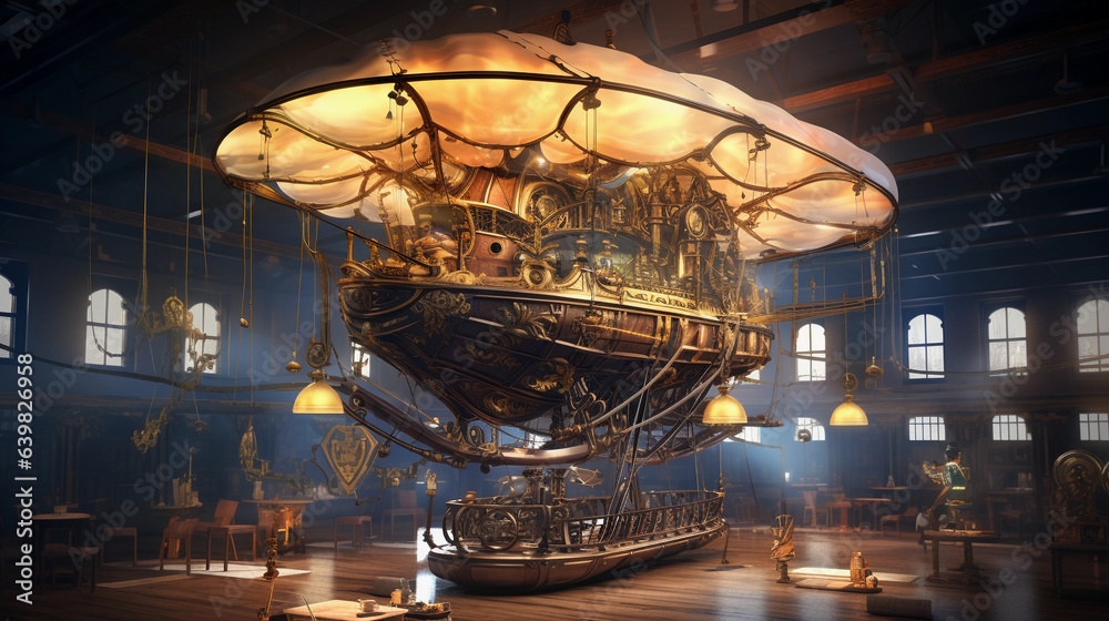 majestic steampunk airship, suspended in a room filled with blueprints and design sketches, invoking the creative process, dramatic lighting