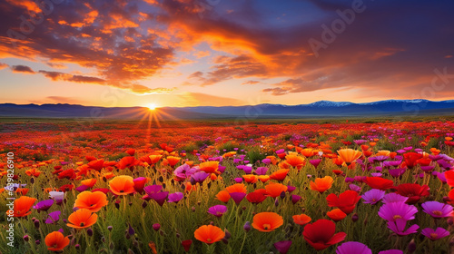 A vibrant and colorful field of blooming flowers is a sight that ignites the senses and captures the essence of nature's artistry. The landscape comes alive with a symphony of hues, as a tapestry of b