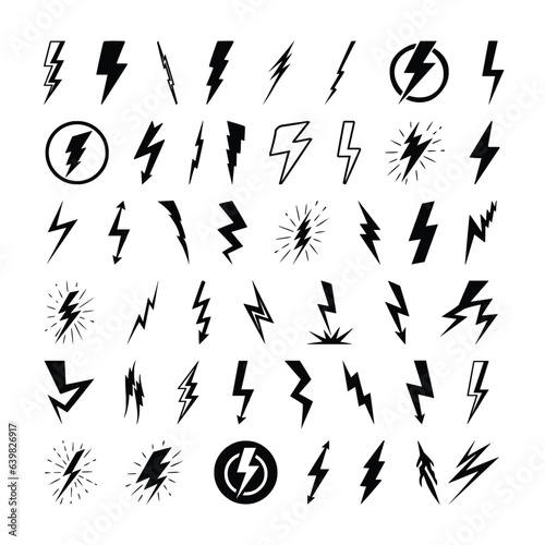 Lightning Bolt Flash Icon Set. Energy Power Charge Sign. Thunderstrike Electricity Symbol. Powerful Electrical Discharge Hitting From Side To Side. Thunderbolt Zigzag Arrow