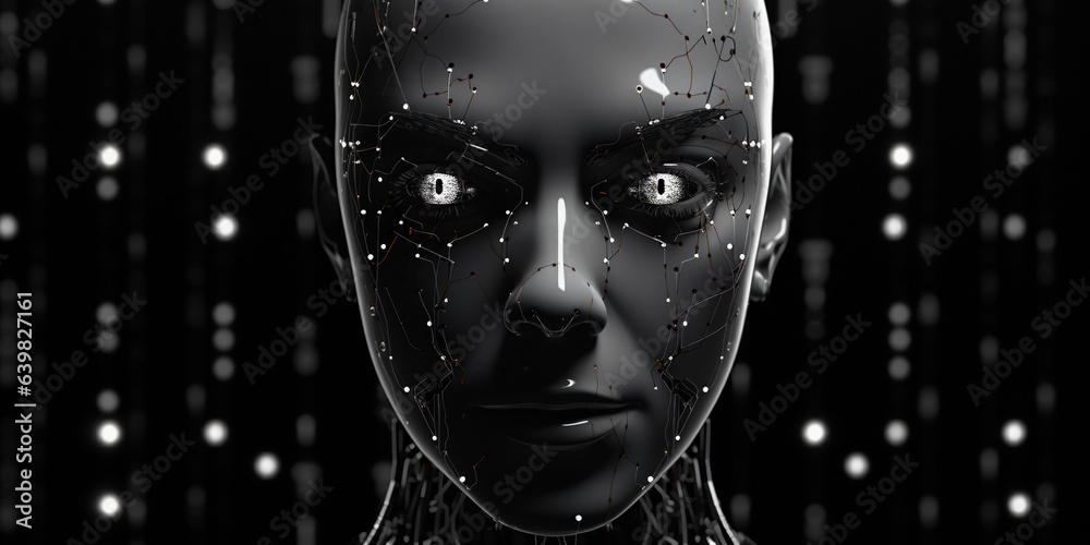 a humanoid robot, the face lit up with 1s and 0s, exhibiting a binary language, stark contrast, black and white, noir - style, thought - provoking