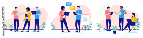 Office people working collection - Set of vector illustration with businesspeople in casual clothes at work with computers talking and discussing business. Flat design with white background