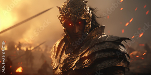 a detailed warrior character holding a sword amidst a battlefield, subtly blending, misty lighting