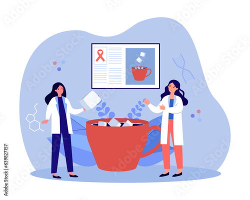 Doctors with big cup of sweet coffee vector illustration. Scientists explaining harm of sweetener and sugar in food, raising awareness about cancer. Harm of sugar, health care, medicine concept