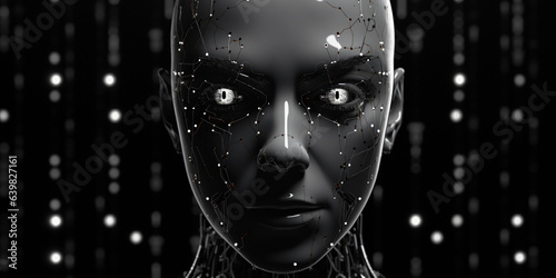 a humanoid robot, the face lit up with 1s and 0s, exhibiting a binary language, stark contrast, black and white, noir - style, thought - provoking