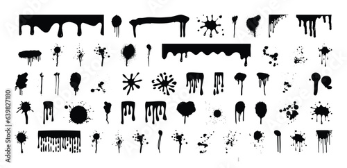 Grunge Design Elements, Ink Drops and Splashes. Blotter Spots, Liquid Paint Drip Drop Splash and Ink Splatter. Artistic Dirty Grunge Abstract Spot Vector Set.