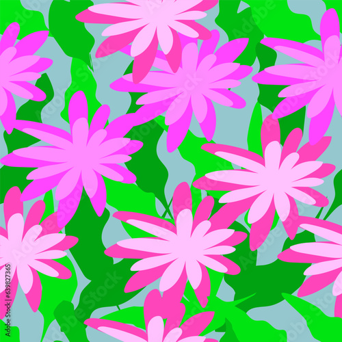 Pink Flower on Blue Background Pattern, Wallpaper