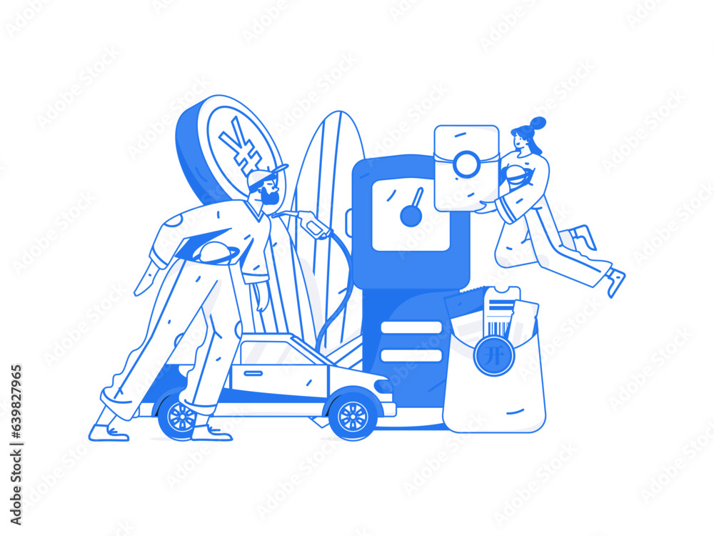 Vector internet operation hand-drawn illustration of people getting discounts for car refueling
