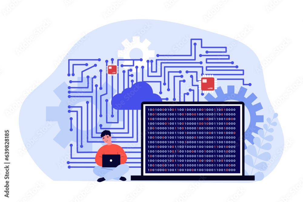 IT specialist writing code on laptop vector illustration. Glowing ...