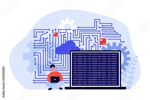 IT specialist writing code on laptop vector illustration. Glowing optical fiber wires connecting devices, coding symbols on computer screen. Technology and digital transformation, business concept