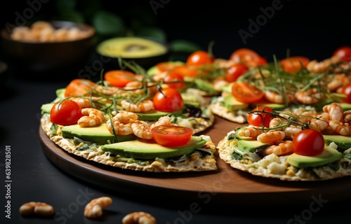 Puffed rice cakes topped with shrimp, avocado, and cherry tomatoes. A healthy seafood snack served on crispbread, with a diet food concept and organic basil. Generative AI 