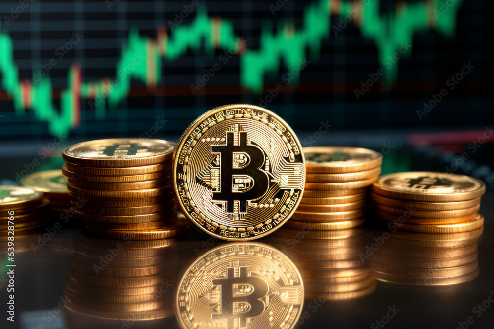 Bitcoin trading scene, bitcoins with trading charts Bitcoin trading scene, bitcoins with trading charts